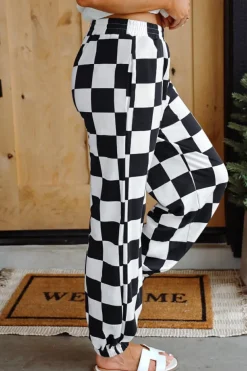 Clearance Dear-Lover Checkerboard Elastic Waist Pocketed Joggers Black