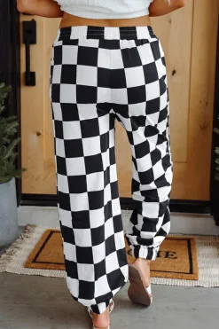 Clearance Dear-Lover Checkerboard Elastic Waist Pocketed Joggers Black