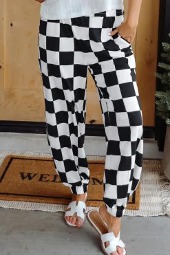 Clearance Dear-Lover Checkerboard Elastic Waist Pocketed Joggers Black