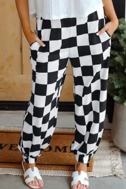 Clearance Dear-Lover Checkerboard Elastic Waist Pocketed Joggers Black