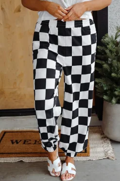 Clearance Dear-Lover Checkerboard Elastic Waist Pocketed Joggers Black