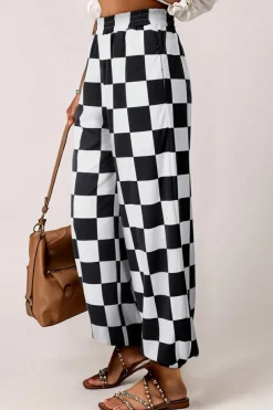 Clearance Dear-Lover Checkerboard Elastic Waist Pocketed Joggers Black