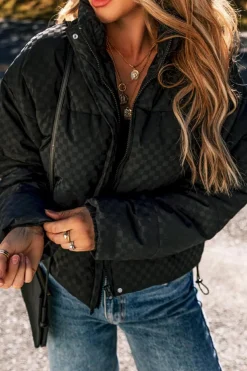 Fashion Dear-Lover Checkerboard Full Zipper Puffer Jacket Black