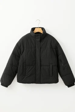 Fashion Dear-Lover Checkerboard Full Zipper Puffer Jacket Black