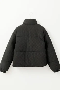 Fashion Dear-Lover Checkerboard Full Zipper Puffer Jacket Black