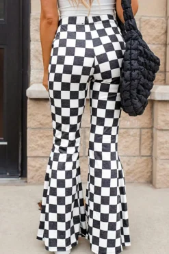 Best Dear-Lover Checkerboard High Rise Casual Flared Pants Black