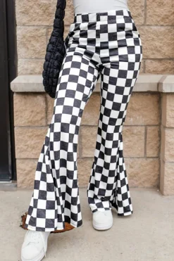 Best Dear-Lover Checkerboard High Rise Casual Flared Pants Black