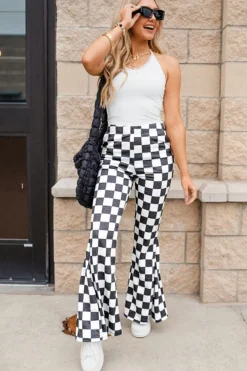 Best Dear-Lover Checkerboard High Rise Casual Flared Pants Black