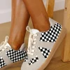 Discount Dear-Lover Checkerboard Patchwork Lace-up Flat Leatherette Shoes Black