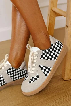 Discount Dear-Lover Checkerboard Patchwork Lace-up Flat Leatherette Shoes Black