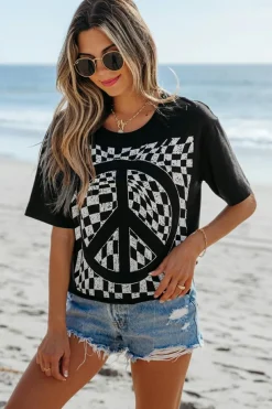 Fashion Dear-Lover Checkerboard Peace Sign Printed Round Neck T Shirt Black