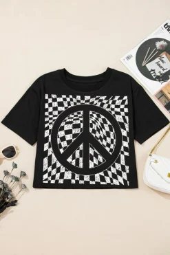 Fashion Dear-Lover Checkerboard Peace Sign Printed Round Neck T Shirt Black