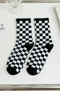 Online Dear-Lover Checkerboard Print Cotton Socks Black