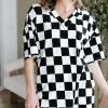 Discount Dear-Lover Checkerboard Print V Neck Loose Tee and Shorts Lounge Set Black
