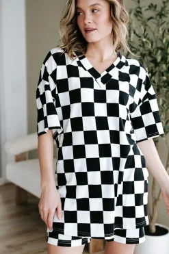 Discount Dear-Lover Checkerboard Print V Neck Loose Tee and Shorts Lounge Set Black