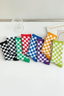 Online Dear-Lover Checkerboard Print Cotton Socks Black