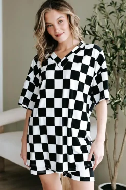 Discount Dear-Lover Checkerboard Print V Neck Loose Tee and Shorts Lounge Set Black
