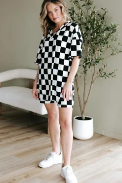 Discount Dear-Lover Checkerboard Print V Neck Loose Tee and Shorts Lounge Set Black