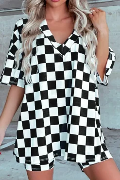 Discount Dear-Lover Checkerboard Print V Neck Loose Tee and Shorts Lounge Set Black