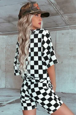 Discount Dear-Lover Checkerboard Print V Neck Loose Tee and Shorts Lounge Set Black