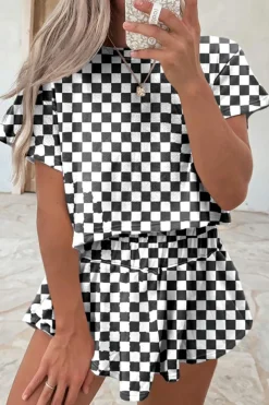 Best Dear-Lover Checkerboard T Shirt and High Waist Skorts 2 Piece Outfit Black