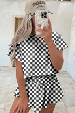 Best Dear-Lover Checkerboard T Shirt and High Waist Skorts 2 Piece Outfit Black