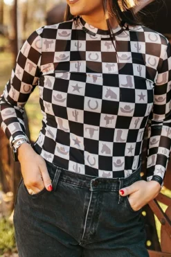 Best Dear-Lover Checkerboard Western Elements Printed Mesh Long Sleeve Top Black
