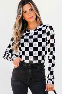 Best Dear-Lover Checkerboard Western Elements Printed Mesh Long Sleeve Top Black