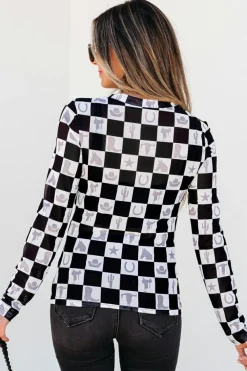 Best Dear-Lover Checkerboard Western Elements Printed Mesh Long Sleeve Top Black