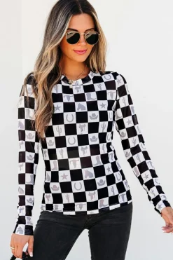 Best Dear-Lover Checkerboard Western Elements Printed Mesh Long Sleeve Top Black