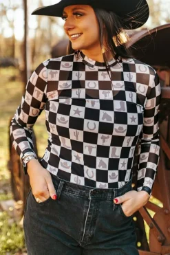 Best Dear-Lover Checkerboard Western Elements Printed Mesh Long Sleeve Top Black