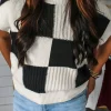 Outlet Dear-Lover Checkered Color Block Crew Neck Short Sleeve Sweater Black