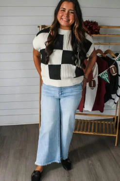 Outlet Dear-Lover Checkered Color Block Crew Neck Short Sleeve Sweater Black