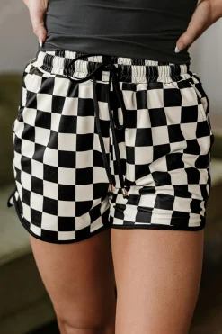 Online Dear-Lover Checkered Drawstring Elastic Waist Casual Shorts Black
