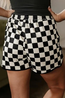 Online Dear-Lover Checkered Drawstring Elastic Waist Casual Shorts Black
