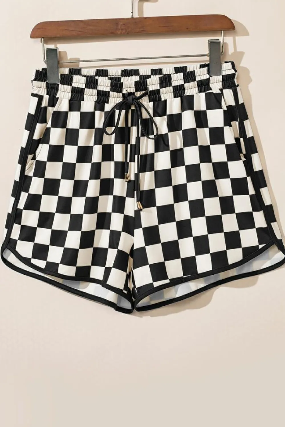 Online Dear-Lover Checkered Drawstring Elastic Waist Casual Shorts Black