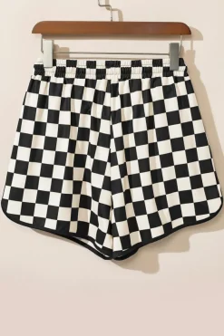 Online Dear-Lover Checkered Drawstring Elastic Waist Casual Shorts Black