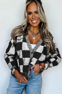 Sale Dear-Lover Checkered Drop Shoulder Buttoned V Neck Cardigan Black
