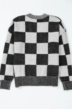 Sale Dear-Lover Checkered Drop Shoulder Buttoned V Neck Cardigan Black