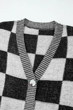 Sale Dear-Lover Checkered Drop Shoulder Buttoned V Neck Cardigan Black