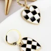 Best Dear-Lover Checkered Heart Shape Hoop Dangle Earrings Black