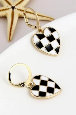 Best Dear-Lover Checkered Heart Shape Hoop Dangle Earrings Black