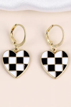 Best Dear-Lover Checkered Heart Shape Hoop Dangle Earrings Black