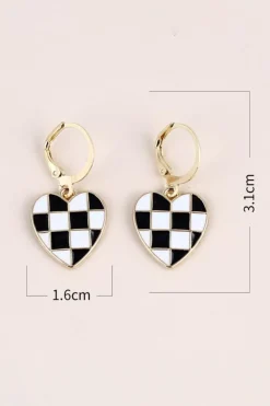 Best Dear-Lover Checkered Heart Shape Hoop Dangle Earrings Black