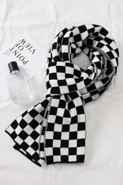 Sale Dear-Lover Checkered Knitted Soft Warm Large Scarf Black
