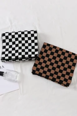 Sale Dear-Lover Checkered Knitted Soft Warm Large Scarf Black