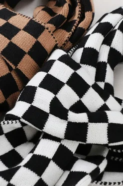 Sale Dear-Lover Checkered Knitted Soft Warm Large Scarf Black