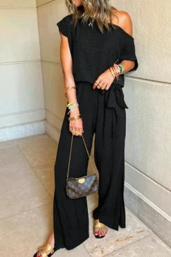 Outlet Dear-Lover Checkered Mesh One Shoulder Short Sleeve Knotted Waist Jumpsuit Black