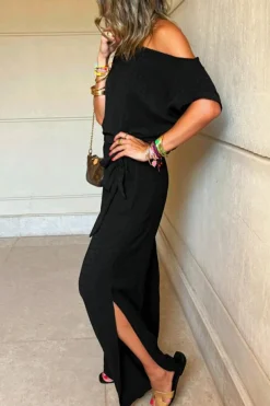 Outlet Dear-Lover Checkered Mesh One Shoulder Short Sleeve Knotted Waist Jumpsuit Black