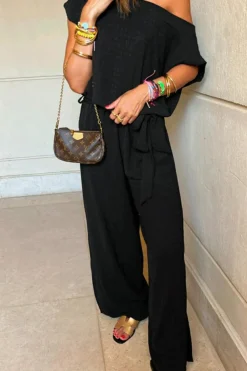 Outlet Dear-Lover Checkered Mesh One Shoulder Short Sleeve Knotted Waist Jumpsuit Black